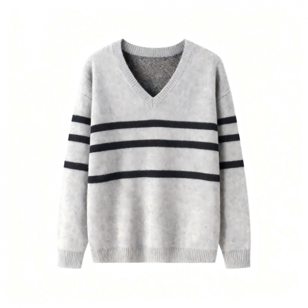 Light Gray Striped V - Neck Sweater